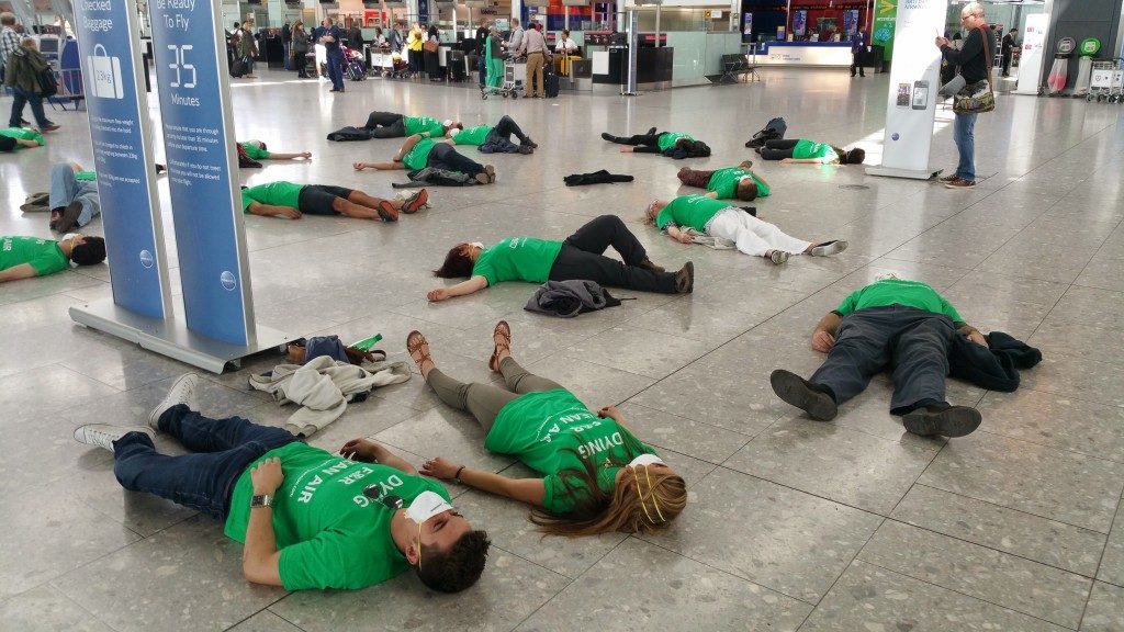 Air pollution protestors stage lie-in at Heathrow